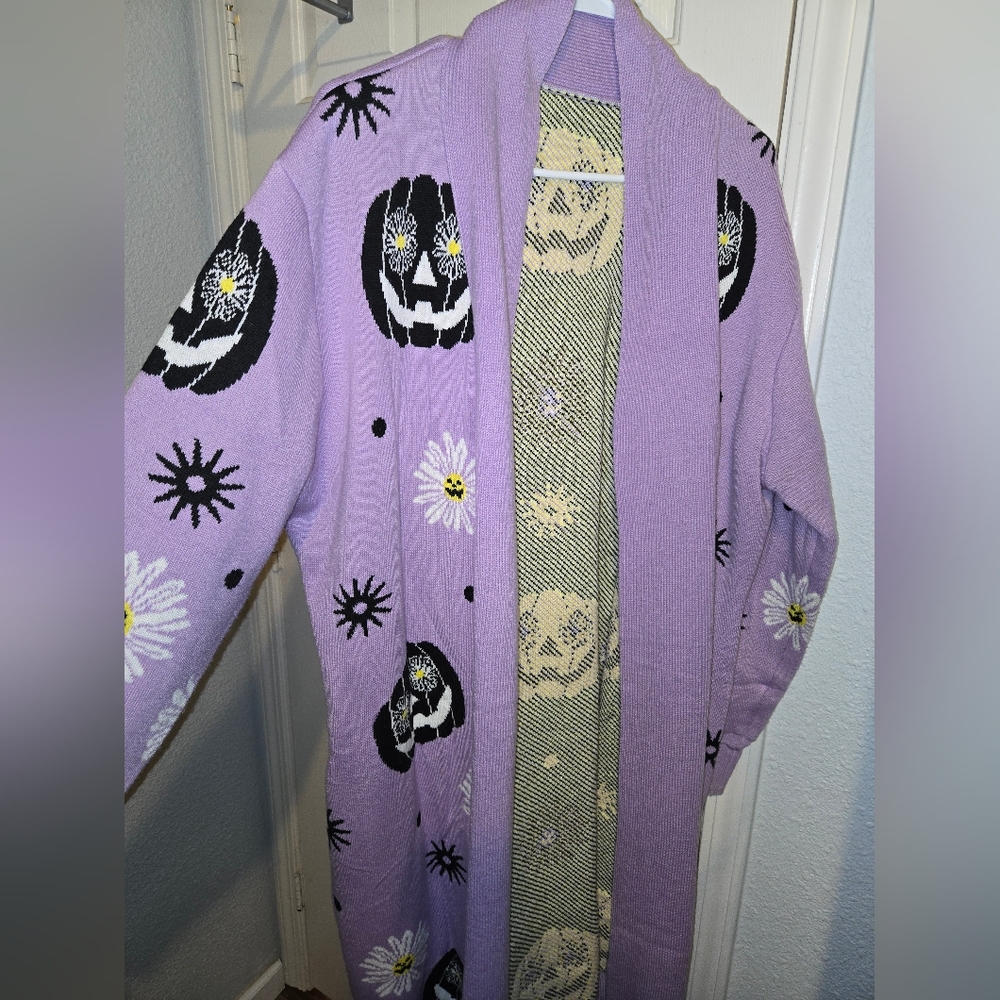 Purple Cardigan with Black and White Pumpkin Design -Plus Size